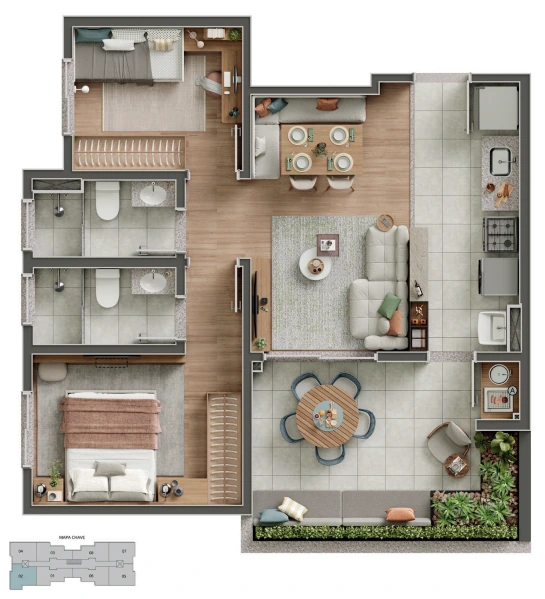 Planta 52,12 m² com terraço Portal Jardim de Lyra